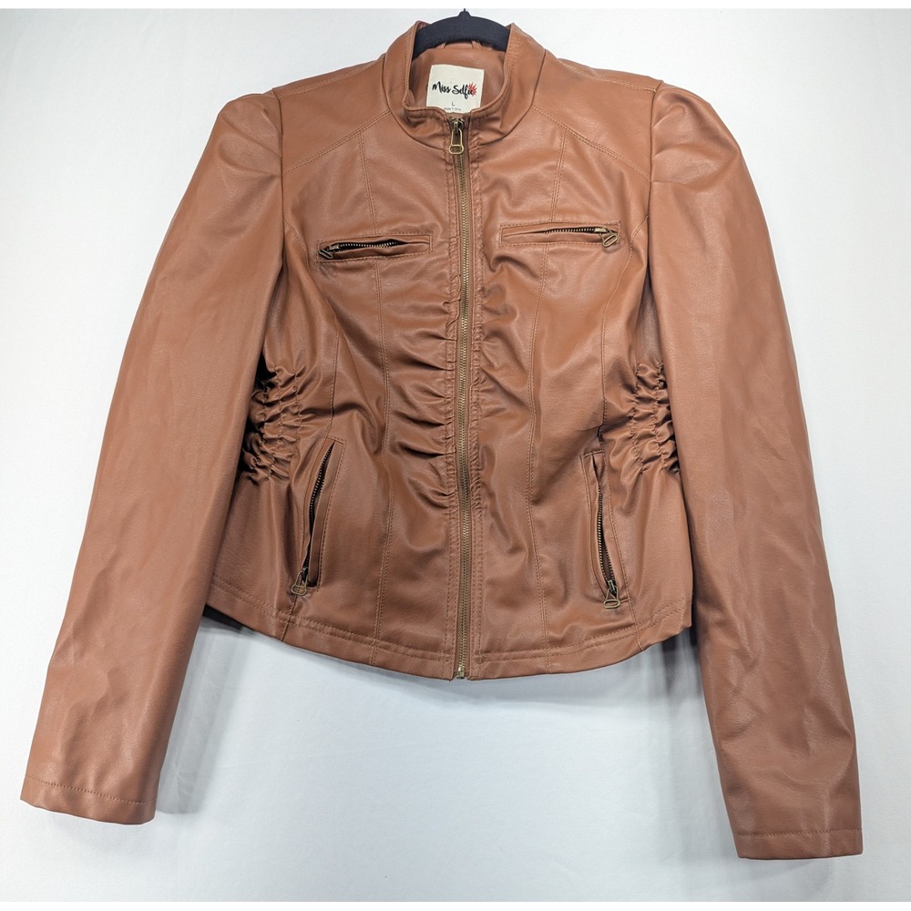 Miss Selfie‎ Womens Cognac Brown Faux Leather Ruched Moto Biker Jacket Large